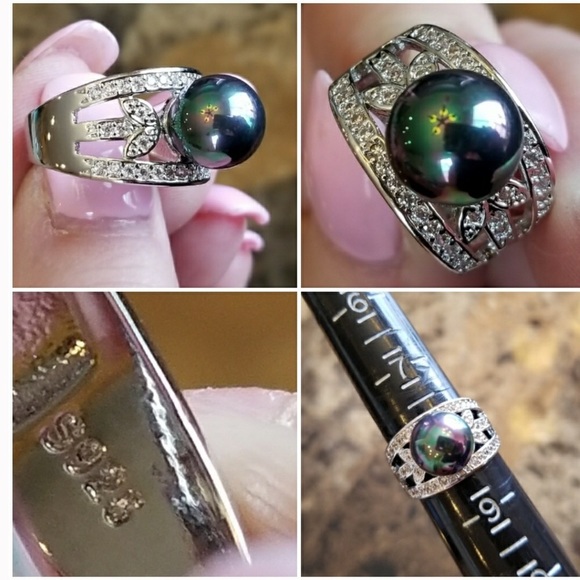 Sterling Silver Rainbow Black Pearl Ring - Picture 8 of 12